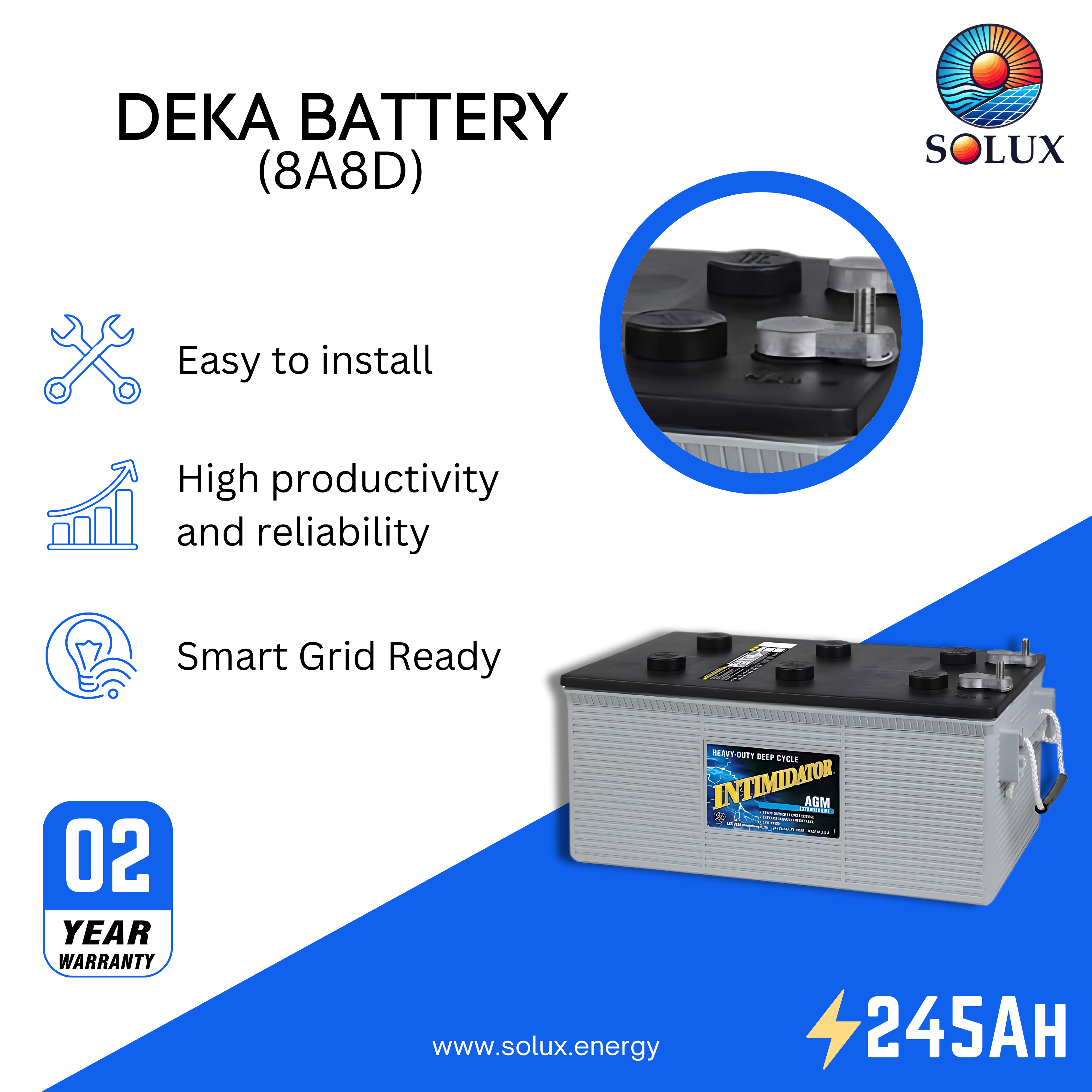This is an image of MK Deka 8A8D 245Ah 12VDC 8D Deep Cycle Battery